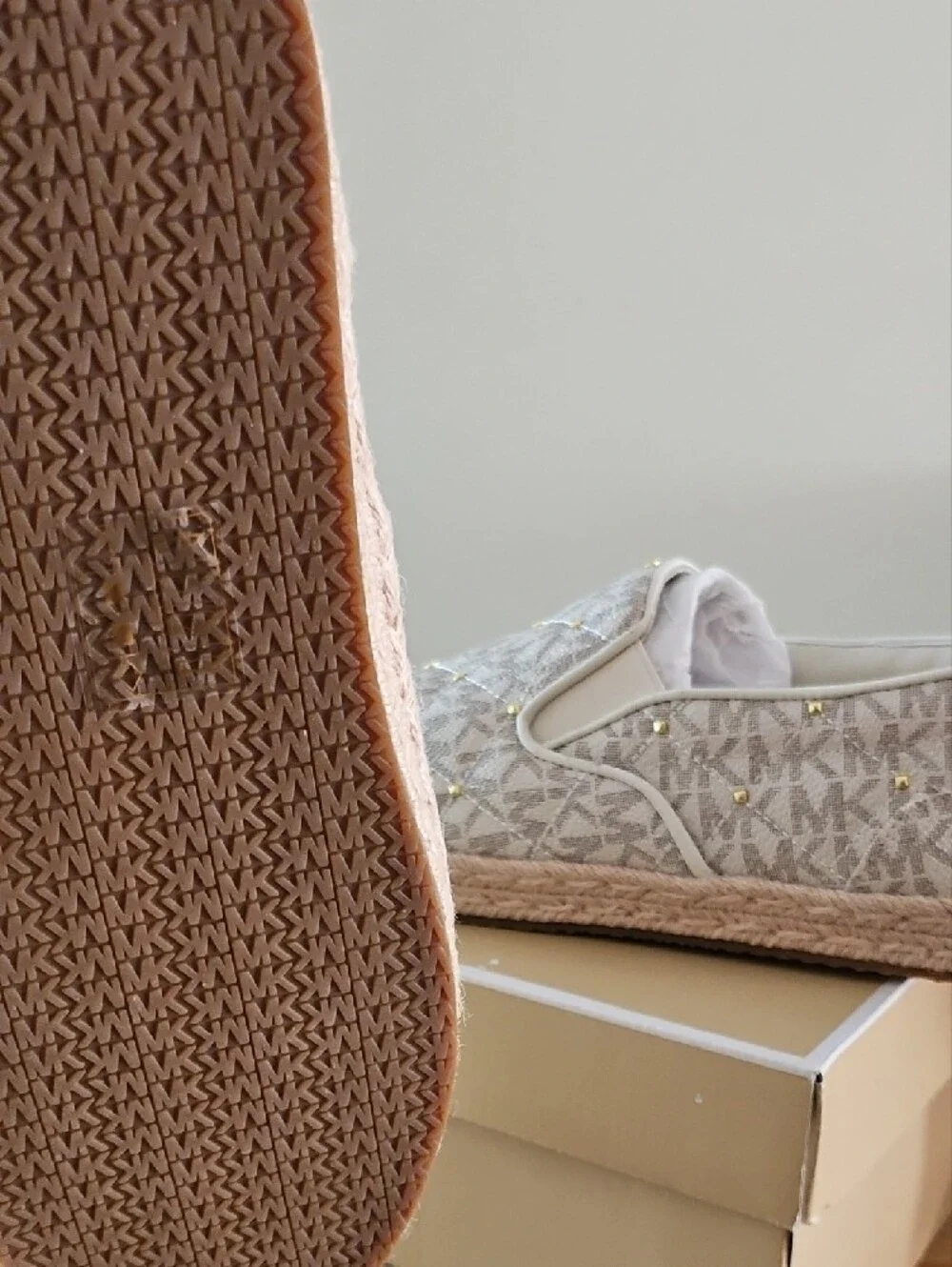 MICHAEL Michael Kors Vanilla Canvas Logo Slip-On Espadrilles with Gold Studs